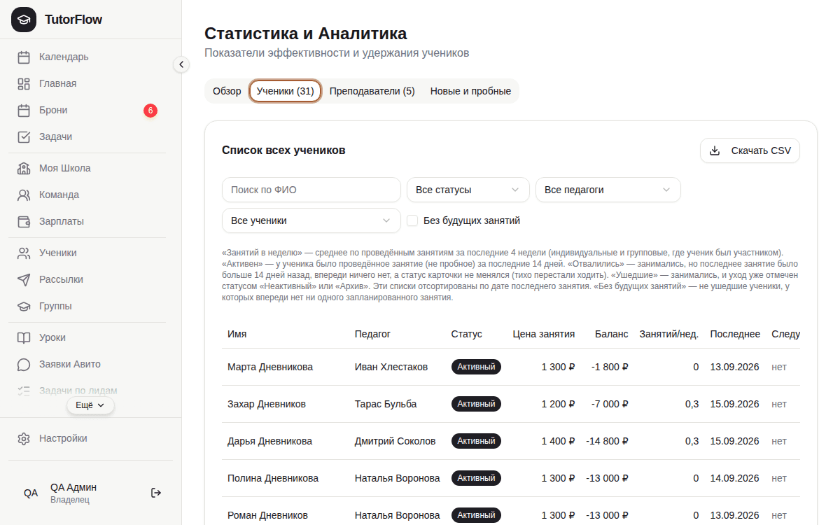 Вкладка «Ученики»: поиск, фильтры, кнопка «Скачать CSV» и таблица