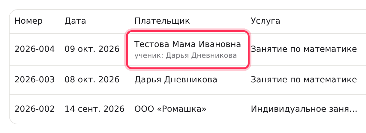 Список квитанций: плательщик-родитель и подпись «ученик: …»